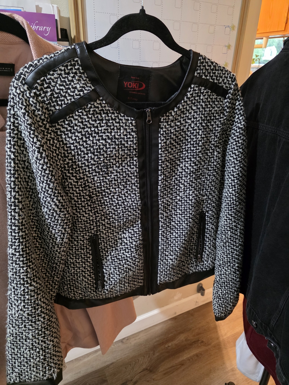 Yoki Black & White Tweed Zip Jacket with Faux Leather Trim
